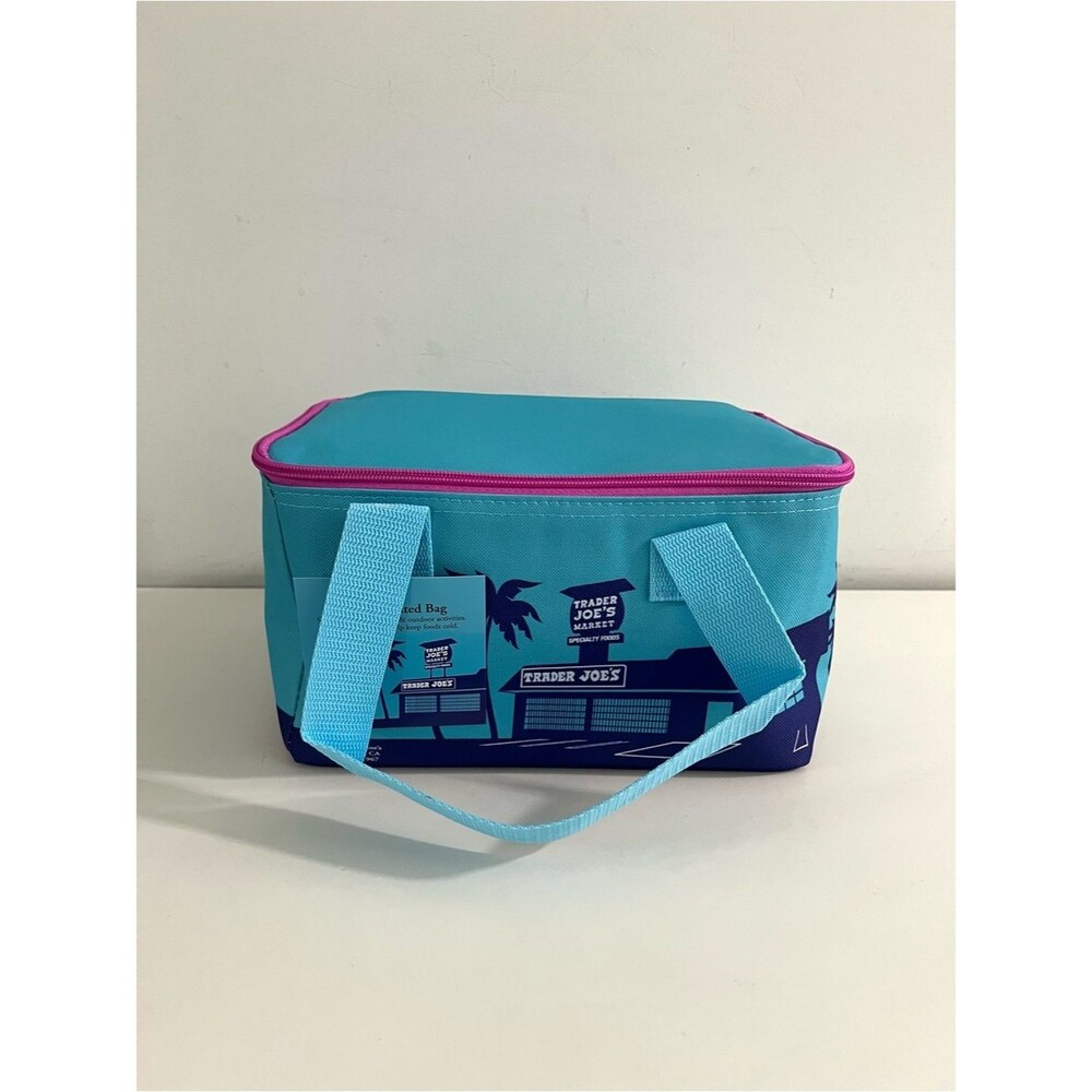 Trader Joes Mini Insulated Tote Blue with Pink Zipper